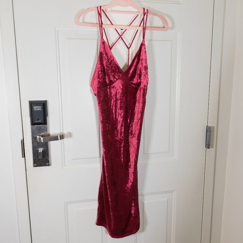 Windsor Cocktail Dress– Red – Velvet Strappy Midi– Size S